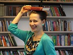 girl, book, library