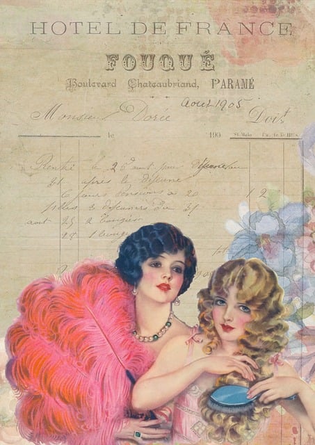 free illustration french vintage girls feather free greeting card background