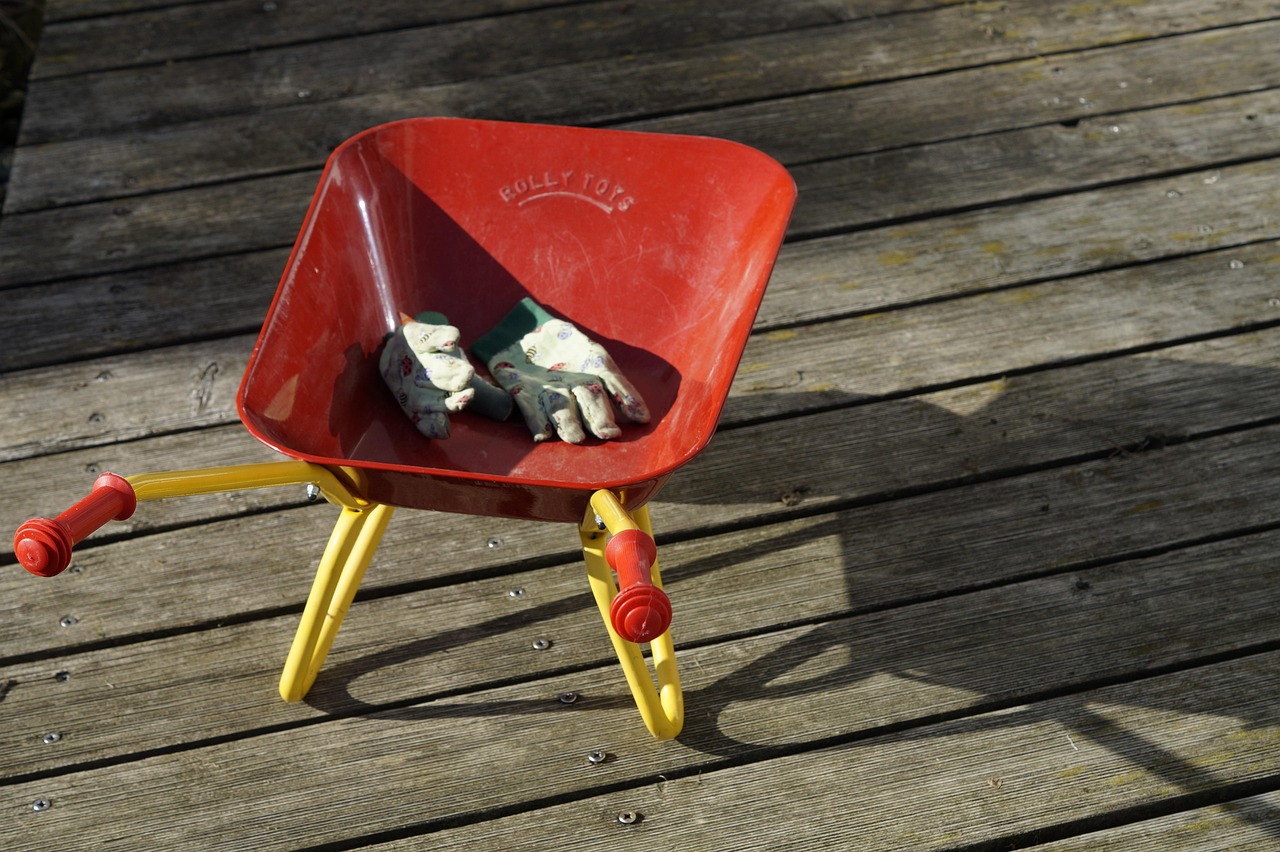 gardening, children's toys, wheelbarrow, cart, garden, nature, work, fall, child, gloves, working gloves, working device, gardening equipment, gardener, gardeners