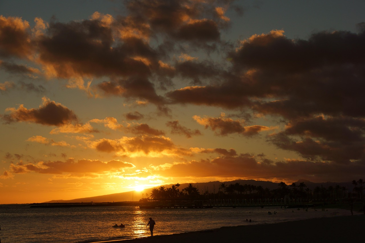 Sunset over Waikiki beach and shoreline in Oahu