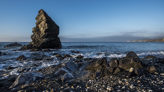 sunrise, honey river, paper mill, the friar, nerja, malaga, spain, nature, costa del sol, beach, rocks, crag, andalusia, tourism, landscape, water, sea