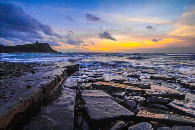 jurassic coast, sunset, ocean, dorset, beach, sea, horizon, dusk, twilight, sky, seascape, nature, waves, ocean waves, rocks, shore