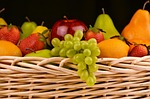 fruit basket, grapes, apples