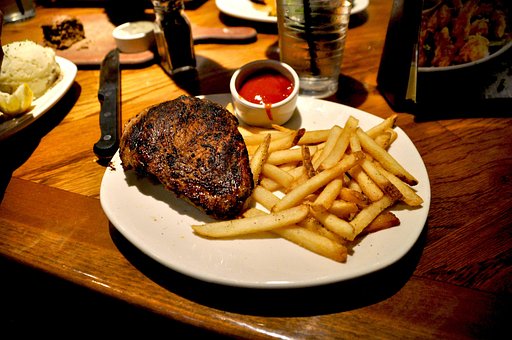 Fleisch, Teller, Ketchup, Fritten, Essen