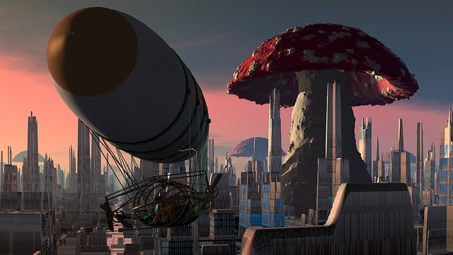 Luftschiff, Stadt, Pilz, Steampunk