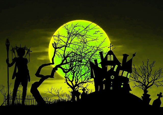 Free halloween witch haunted house illustration