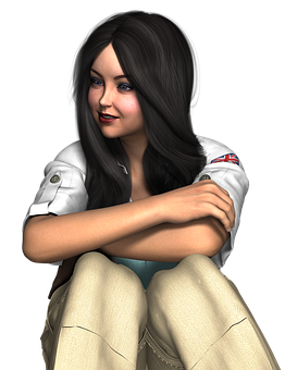 Girl, Happy, Sitting, Pose, 3D, Render