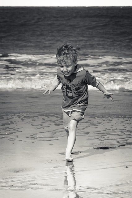 Strand, Junge, Schwarz Und Weiß, Ferien
