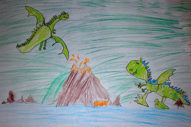 Free children drawing dragon volcano illustration