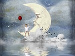child, moon, clouds