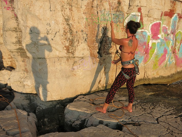 Cliff, Stein, Schatten, Mädchen, Sport