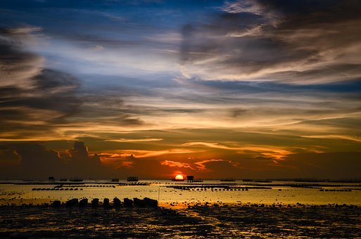 Atardecer, Cielo Azul, Playa, Arena, Mar