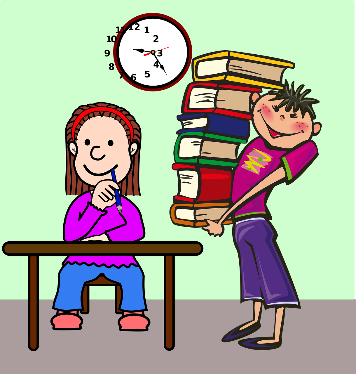 Illustrazione vettoriale con libro, aula e orologio stilizzati