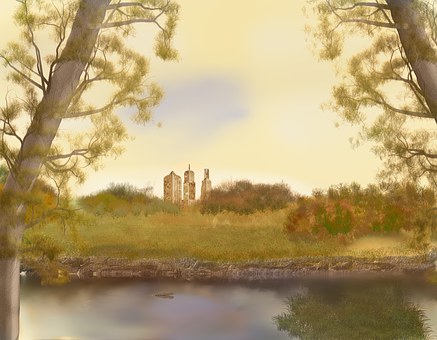 Apă, Castel, Copac, Curgere, Peisaj, Cer