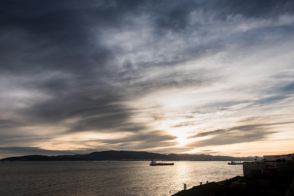 Solnedgang, Gibraltar, Algeciras, Båter, Skip, Himmelen