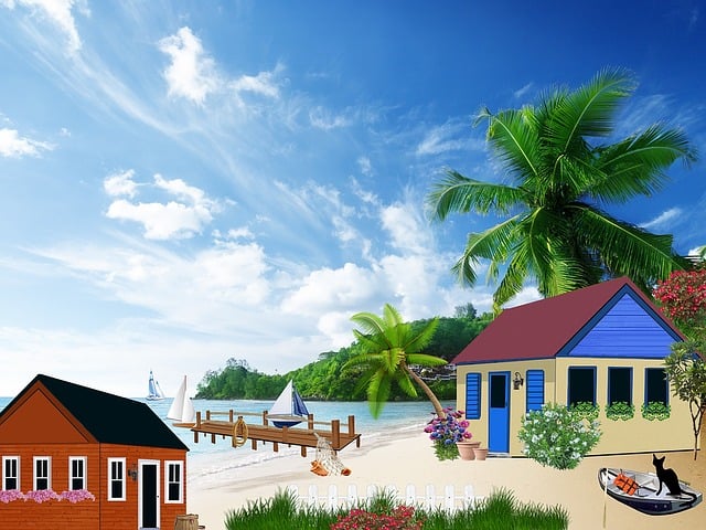 Free houses beach sea illustration