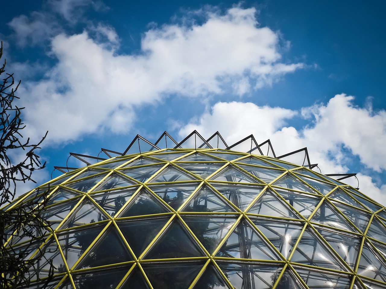 architecture, modern, glass, building, facade, abstract, nature, round, biotope, greenhouse, heaven, clouds, botanical garden, dusseldorf