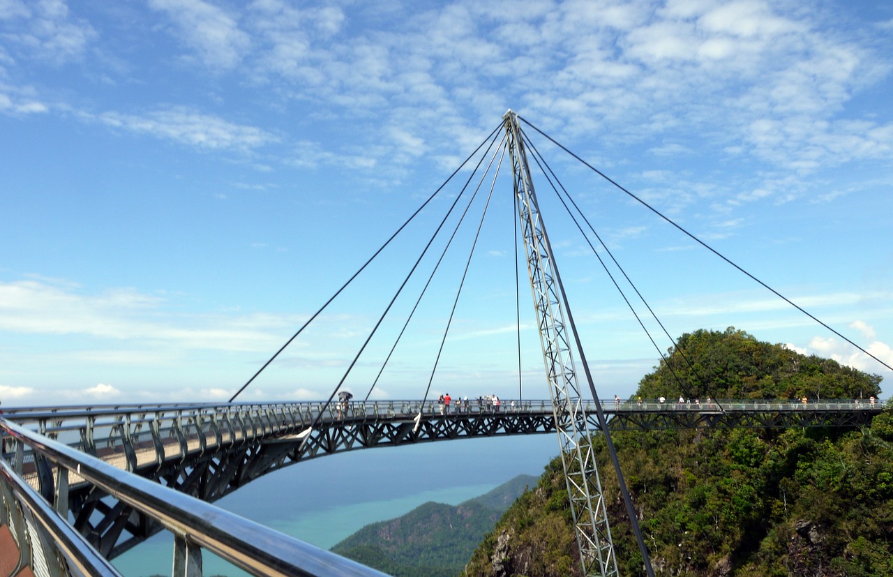 The curved Langkawi Sky Bridge suspended above forested hills and the sea