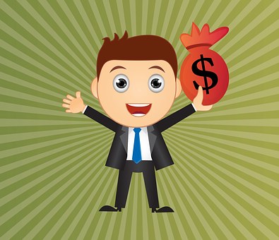 Drawing of a man in suot clutching a red bag wth a $ sign as part of I want to make you a super affiliate