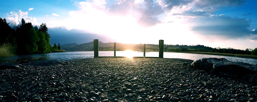 Sonnenuntergang, See, Baden, Sonne, Steg