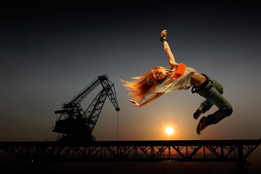 Body Fitness: Putting It First Into Your Lives Leap For Joy, Woman, Jeans, Acrobatics