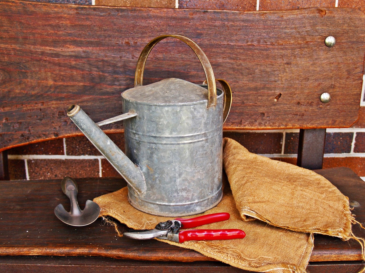 watering can, secateurs, trowel, gardening, hessian, sack, rustic, wooden bench, seat, pruners, watering, garden, shovel, equipment, horticulture, tool, nature, gardener, pruner, can, pot, gardening tools, garden tools, brown garden, brown gardening, brown tools