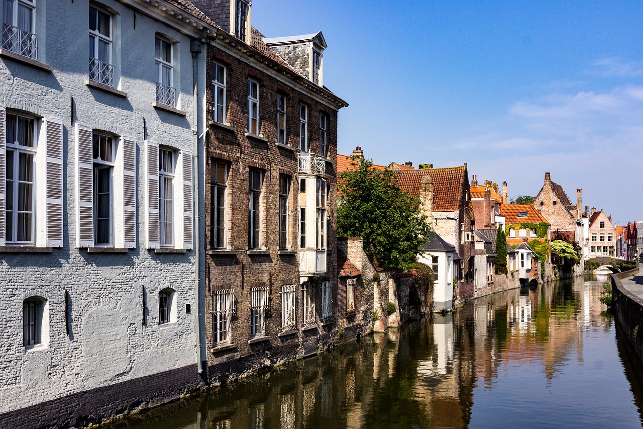 A canal with medieval buildings in Bruges, Belgium
