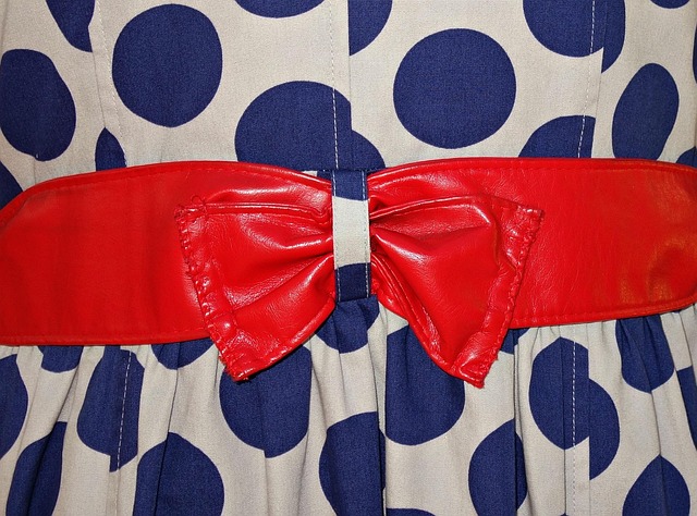 fashion, dress, sash, bow, polka dot, woman, style, stylish, blue polka dot dress, red sash, blue, red, white, sash, sash, sash, sash, sash, polka dot, polka dot, polka dot
