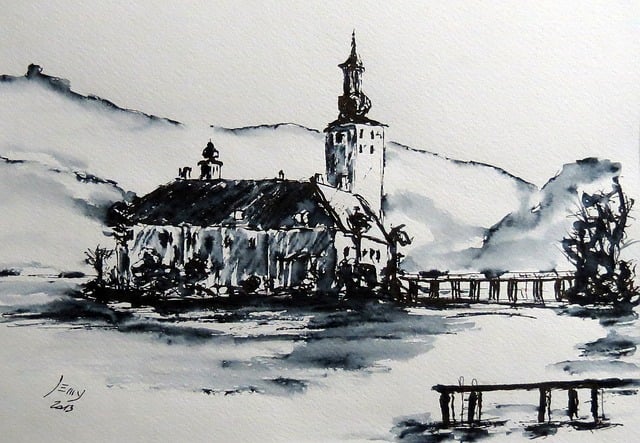 Wasserschloss, Aquarell, Gemälde