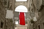 red dress, alley, venice