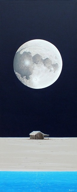 Luna, Hütte, Meer, Nacht, Vollmond