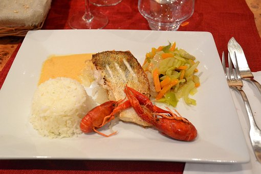 Fisch, Reis, Gemüse, Garnele, Garnelen