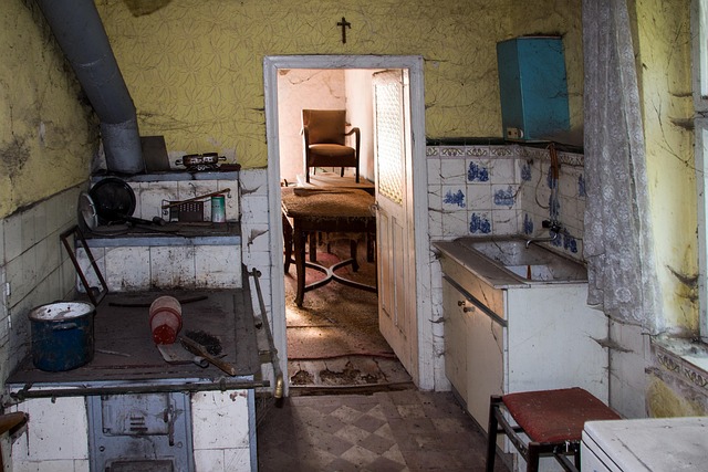 old house, kitchen, abandoned, farm yard, farmhouse, nostalgia, oven