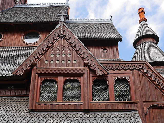 stave church, roof landscape, detail shot, dormer, window, leaded glass, timber construction, woodworking, round tower, shingles, gable, world heritage site, building, architecture, historical, goslar-hahnenklee, wooden church
