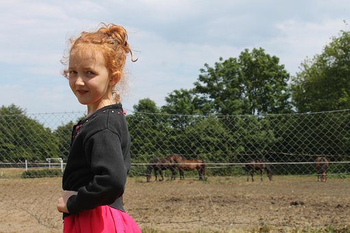 Fată, Luncă, Cai, Portret, Copil, Poza