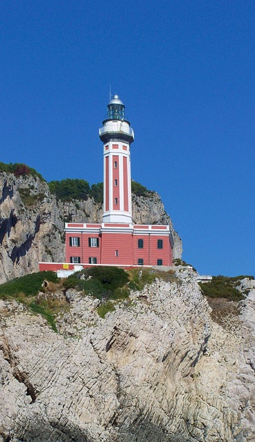 Leuchtturm, Felsen, Himmel, Blau, Rot
