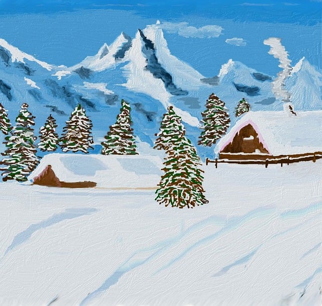 Free winter in the mountains snowy wooden hut with snow illustration