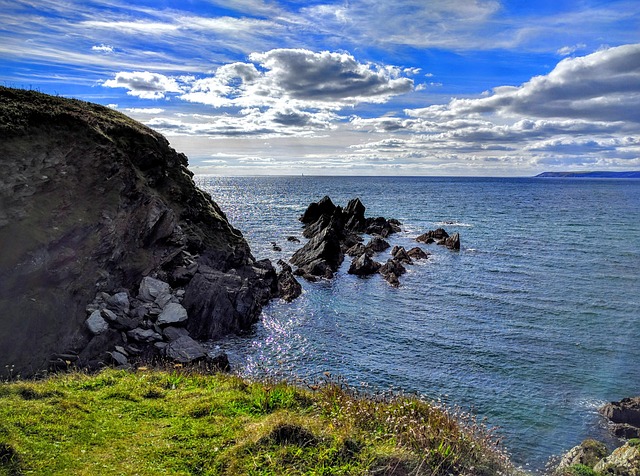 Rotsen, Zee, Kust, Cornwall, Wolken