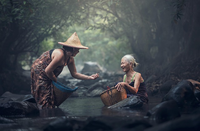 asia, bathing, cambodia, ederly, human, indonesian, malaysia, myanmar, burma, people, rock, countryside, smile, thailand, vietnamese, water, woman, villagers, nature, elders, washing clothes, blue water, blue smile, blue clothes, blue human, blue rock, blue village
