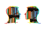 silhouette, head, bookshelf