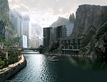 town, mountains, river