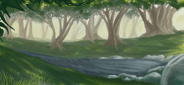 Lago, Árboles, Bosque, Paisaje, Pintura