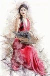 girl, lavender, red dress