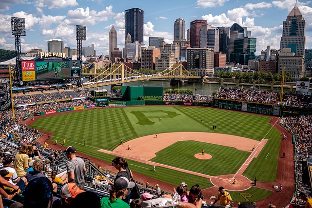 action, athletes, audience, ballpark, baseball, city, cityscape, crowd, fans, field, game, grandstand, group, outfit, pattern, people, players, pnc park, shapes, spectators, sport, sports fan, stadium, baseball, baseball, baseball, baseball, baseball