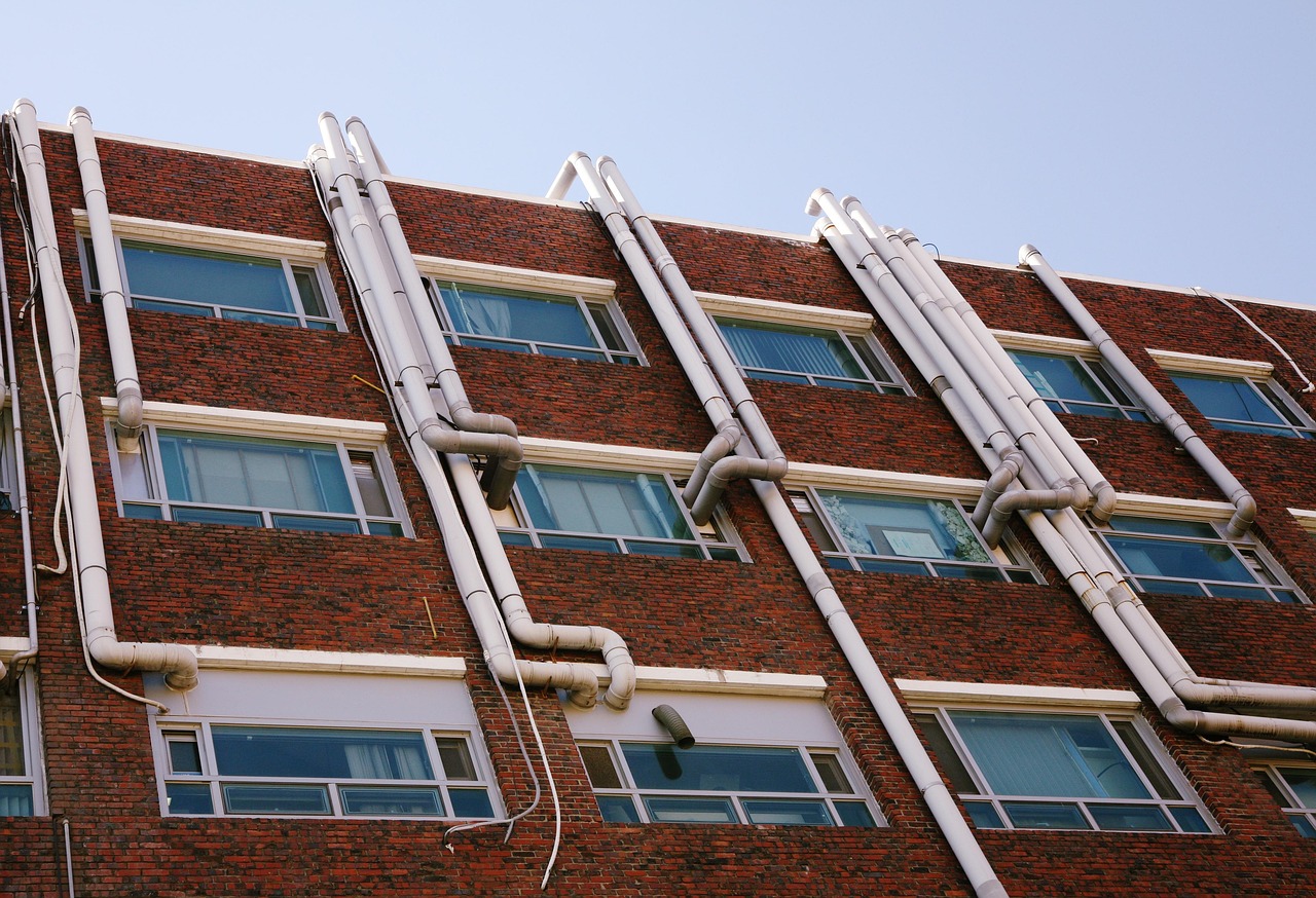 pipe, bulinging, school, white, iron pipes, vent pipe, landscape, line, ninth, construct, window, organically, geometry, building, profile