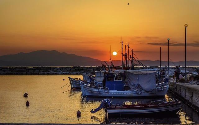 Grækenland, Thassos, Solnedgang, Både