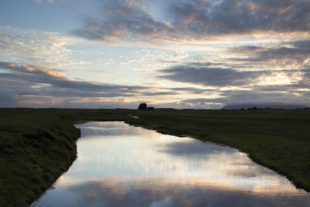 Island, Solnedgang, Spejl, River, Dky