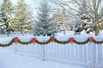 white picket fence, christmas, garland