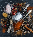 salt, pepper, spoons