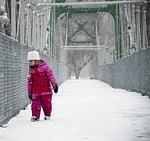 girl, snow, bridge